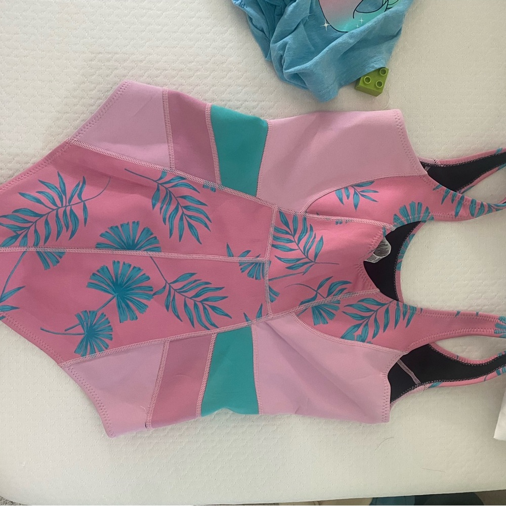 Vibrant Pink and Teal Leaf One Piece Swimsuit - Picture 3 of 5
